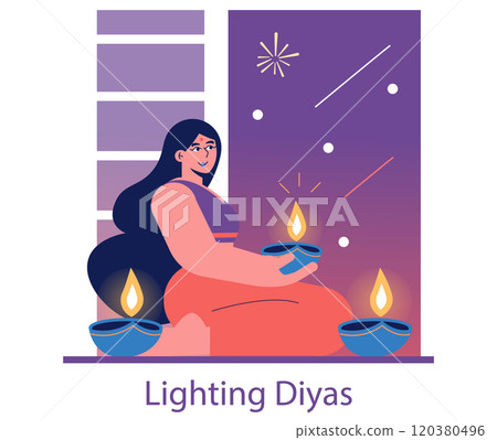 Divali concept. Woman celebrates the festival of lights by lighting traditional diya lamps. Joyful Diwali rituals and decorations. Vector illustration. 120380496
