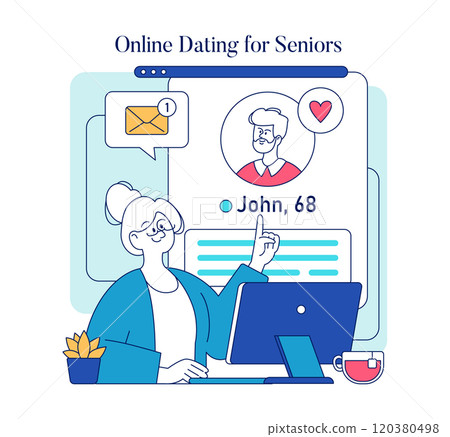 Online Dating for Seniors concept. A senior woman explores potential matches on a dating website, engaging in modern love life. Vector illustration. Online Dating for Seniors concept. A senior woman explores potential matches on a dating website, engaging in modern love life. Vector illustration. 120380498