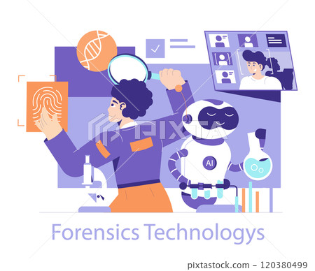 Forensics Technologies concept. Illustration of a crime scene investigator with modern gadgets and AI assistance. DNA analysis and digital profiling in action. Vector illustration. Forensics Technologies concept. Illustration of a crime scene investigator with modern gadgets and AI assistance. DNA analysis and digital profiling in action. Vector illustration. 120380499