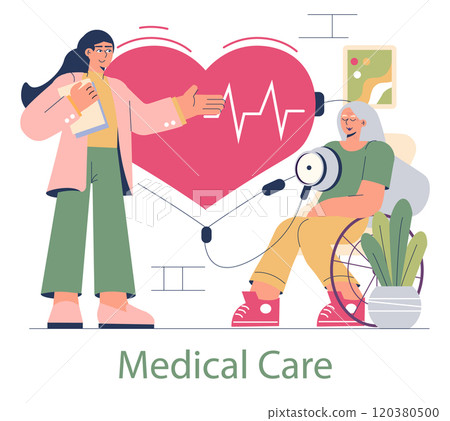 Elderly healthcare concept. A nurse assists a senior woman in a wheelchair against a symbolic heart backdrop. Professional medical support and patient care. Vector illustration. 120380500