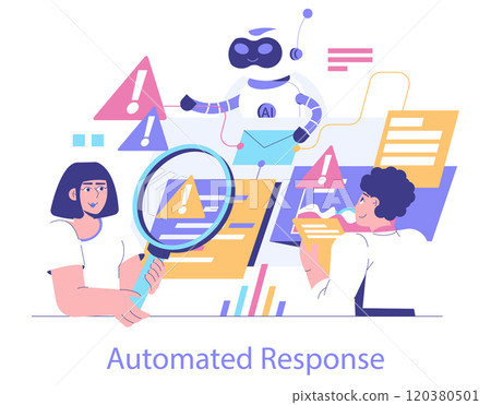 AI Cybersecurity concept. Collaborative teamwork with an AI robot managing digital threats depicted in a modern technological setup. Robot, analytics, protection. Vector illustration. 120380501