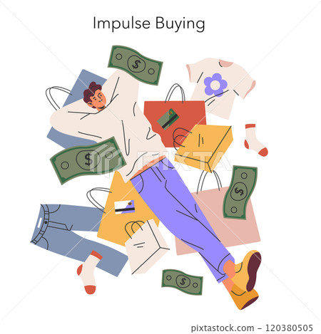 Black Friday shopping spree concept. Illustration of a person swamped in a sea of bags and money, capturing the chaos and excitement. Vector illustration. 120380505