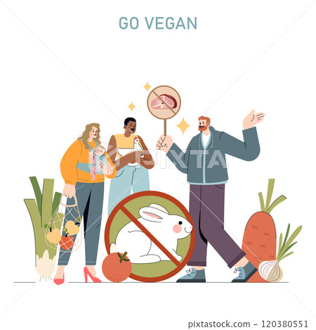 World Vegan Day concept. Diverse people advocating for animal rights and plant-based diet with a "Go Vegan" message. Vector illustration. 120380551