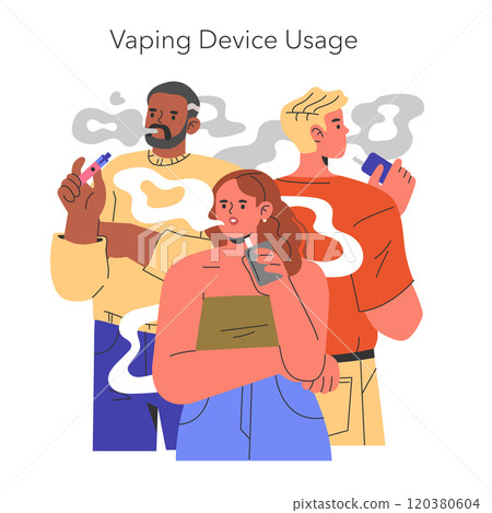 EVALI concept illustration. Three individuals using vaping devices with visible smoke, highlighting the prevalence of e-cigarette use. Vector illustration. EVALI concept illustration. Three individuals using vaping devices with visible smoke, highlighting the prevalence of e-cigarette use. Vector illustration. 120380604