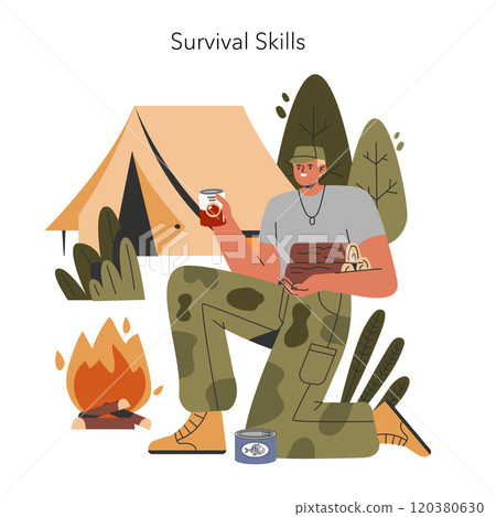 Military Training concept. Soldier practicing survival skills in a camp with tent, campfire, and canned food. Outdoor army exercise scenario. Vector illustration. 120380630