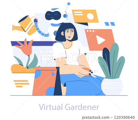 AI Hobbyist concept. A person collaborates with a robot in indoor gardening activities, emphasizing technology integration in hobbies. Vector illustration. AI Hobbyist concept. A person collaborates with a robot in indoor gardening activities, emphasizing technology integration in hobbies. Vector illustration. 120380640