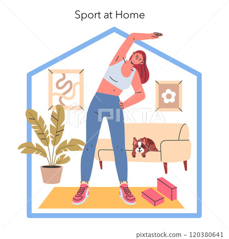 Sport at Home concept. Woman doing side stretches in a cozy living room with an attentive dog. Home workout routine. Vector illustration. 120380641