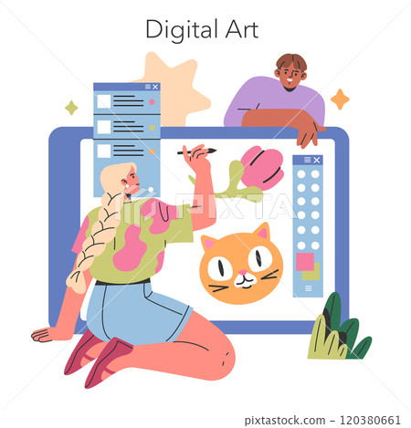 Gen Z Digital Art concept. Young creatives engaging with modern technology to craft vibrant illustrations. Artist lifestyle in the digital era. Vector illustration. Gen Z Digital Art concept. Young creatives engaging with modern technology to craft vibrant illustrations. Artist lifestyle in the digital era. Vector illustration. 120380661