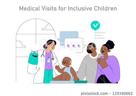 Inclusive healthcare concept. Pediatrician with a puppet engaging a child with disabilities. Family support during medical examination. Vector illustration. 120380662