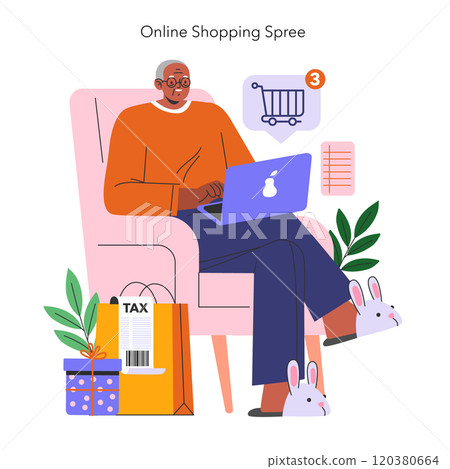 Cyber Monday concept. An elderly person enjoys a hassle-free online shopping experience, seated comfortably at home with multiple items in cart. Vector illustration. Cyber Monday concept. An elderly person enjoys a hassle-free online shopping experience, seated comfortably at home with multiple items in cart. Vector illustration. 120380664