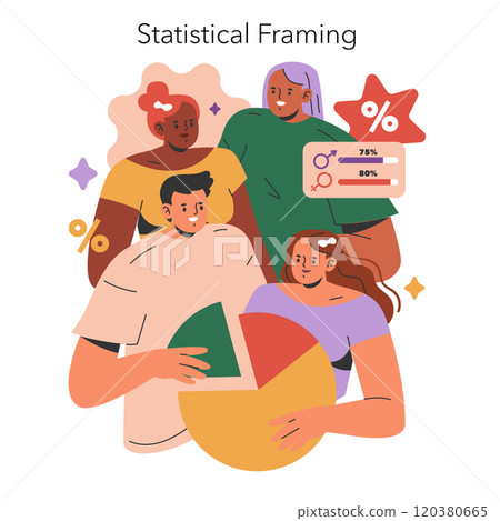 Cognitive Framing concept. Diverse group analyzing data and trends through statistical graphics. Interpretation of information using pie charts. Vector illustration. Cognitive Framing concept. Diverse group analyzing data and trends through statistical graphics. Interpretation of information using pie charts. Vector illustration. 120380665