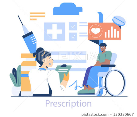 Longevity Clinic concept. A nurse reviews a patient's medical history in a modern health facility. Quality care, advanced treatment, and wellness promotion. Vector illustration. Longevity Clinic concept. A nurse reviews a patient's medical history in a modern health facility. Quality care, advanced treatment, and wellness promotion. Vector illustration. 120380667