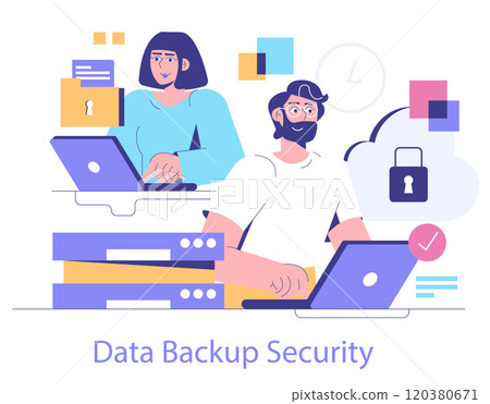 Data Backup Security concept. Two professionals securing data with cloud technology. Modern encryption and database protection. Vector illustration. 120380671