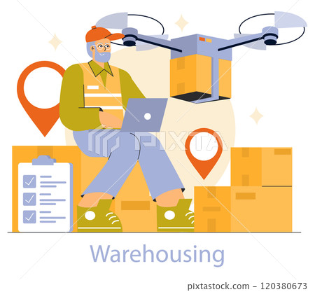 Logistics manager concept. Expert oversees drone delivery at a modern warehouse. Inventory control and shipping efficiency. Vector illustration. 120380673
