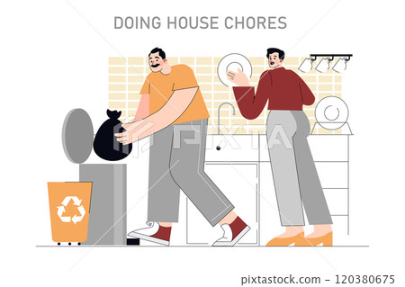 Household Chores concept. Two people engage in daily activities, discarding waste and washing dishes. Maintaining cleanliness and recycling at home. Vector illustration. Household Chores concept. Two people engage in daily activities, discarding waste and washing dishes. Maintaining cleanliness and recycling at home. Vector illustration. 120380675