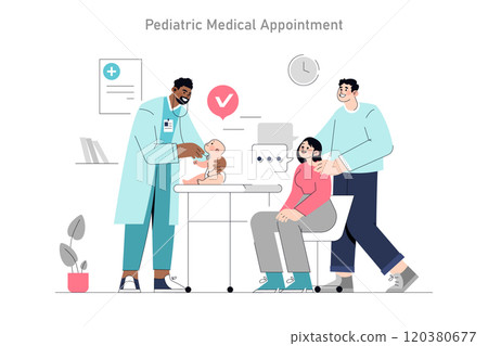Pediatric Medical Appointment concept. A doctor examines a baby with attentive parents in a clinic. Healthcare, family support, and child well-being. Vector illustration. Pediatric Medical Appointment concept. A doctor examines a baby with attentive parents in a clinic. Healthcare, family support, and child well-being. Vector illustration. 120380677