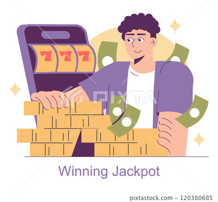 iGaming concept. A delighted person winning a jackpot at a slot machine, surrounded by cash and coins. Online casino success and fortune theme. Vector illustration. 120380685