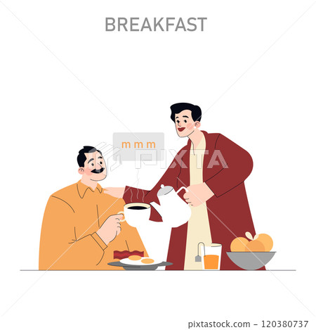 Morning routine concept. Two smiling men enjoying a hearty breakfast together. Cozy domestic scene with fresh coffee and healthy food. Vector illustration. 120380737