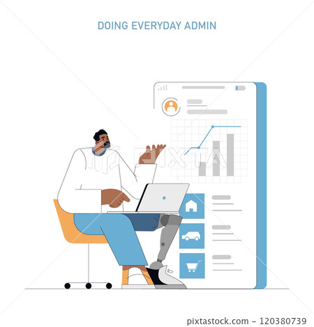 Office worker concept. A man multitasks with admin duties, managing charts and reports on a computer. Daily business operation and analytics monitoring. Vector illustration. Office worker concept. A man multitasks with admin duties, managing charts and reports on a computer. Daily business operation and analytics monitoring. Vector illustration. 120380739