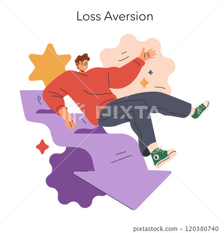 Cognitive Framing concept. An individual in a dynamic pose, visualizing the psychological principle of loss aversion. Psychology and decision-making process. Vector illustration. 120380740