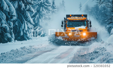 yellow snowplow truck removing snow 120381032