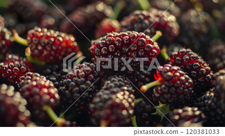 Mulberries, fresh ripe mulberries close-up  120381033