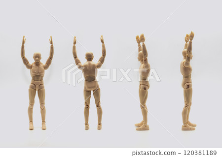 Set of Male dolls mannequin isolated on light background. Mannequin of man shows from four sides and holds hands up Set of Male dolls mannequin isolated on light background. Mannequin of man shows from four sides and holds hands up 120381189