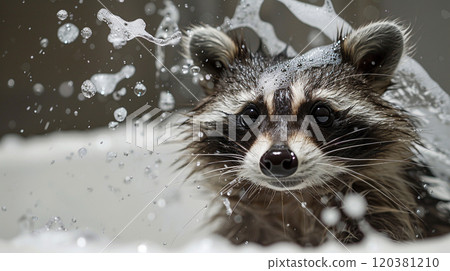 Wet raccoon i in the modern bath, with foam and water splash close-up with sunlight. Wet raccoon i in the modern bath, with foam and water splash close-up with sunlight. 120381210