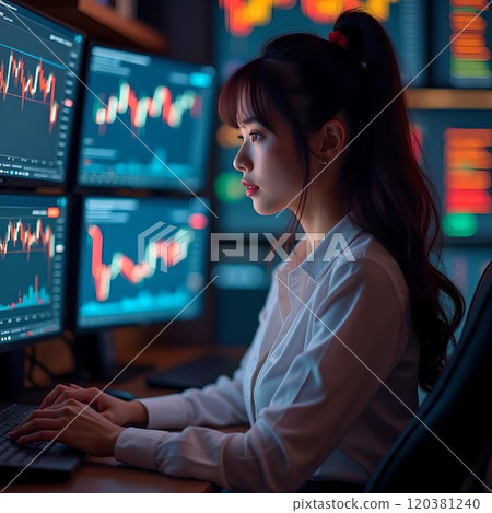 一位交易員在加密貨幣交易室裡努力進行加密貨幣交易 一位交易員在加密貨幣交易室裡努力進行加密貨幣交易 120381240