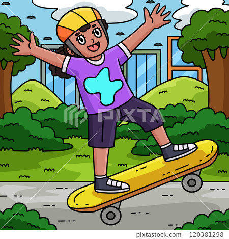 Skateboard Girl Performing Ollie Colored Cartoon Skateboard Girl Performing Ollie Colored Cartoon 120381298