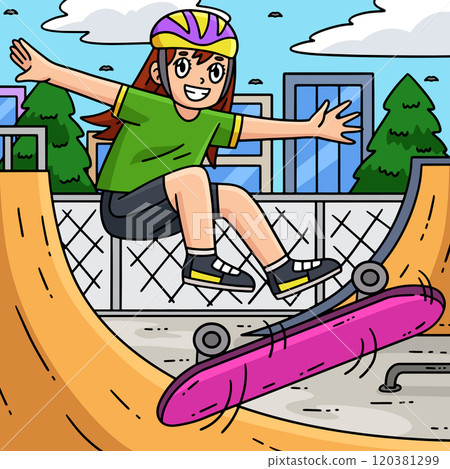 Skateboard Girl Doing a Flip Trick Colored Cartoon 120381299