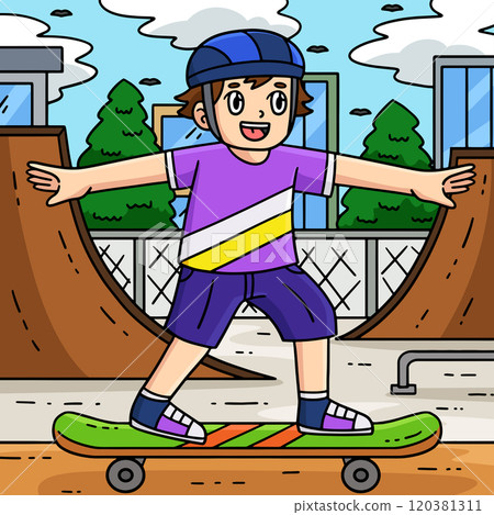 Skateboard Boy Trying to Balance Colored Cartoon 120381311