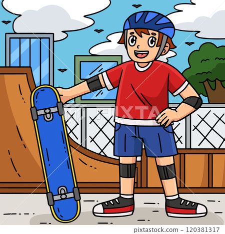 Boy with a Skateboard Colored Cartoon Illustration Boy with a Skateboard Colored Cartoon Illustration 120381317