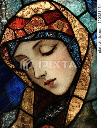 Beautiful stained glass Virgin Mary AI image 120381484