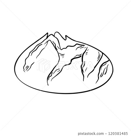 Rustic rye round bread black white vector illustration isolated. Sourdough rye boule bread hand drawn by ink monochrome sketch. Pumpernickel bread side view for bakeshop, packaging paper, bakery. 120381485