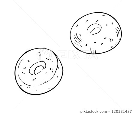 Fresh whole bagel with sesame black white vector illustration isolated. Doughnut bread hand drawn by ink line art . Outline bread ring monochrome sketch for design signage, paper, packaging bakery. 120381487