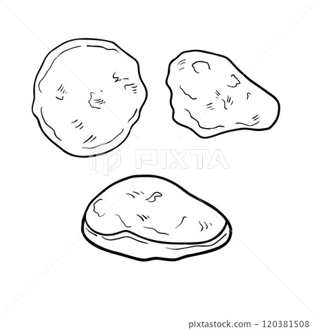 Mediterranean bread pita, Greek flatbread black white vector illustration isolated. Hand drawn Arabic bread for bakery. Painted silhouette pocket pitta in line art for design signage, packaging. 120381508