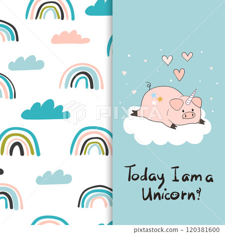 Cute cartoon pig unicorn on the cloud and rainbow pattern for kids design 120381600
