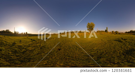 Spherical HDRi panorama of green meadow with short grazed sward grass at summer dusk Spherical HDRi panorama of green meadow with short grazed sward grass at summer dusk 120381681