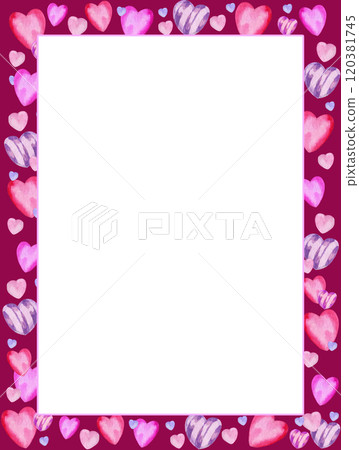 vertical white frame with heart to Valentine day, watercolor hand draw illustration of pink and lilac different hearts on purple background, for Valentine party decoration, cards, invitation 120381745