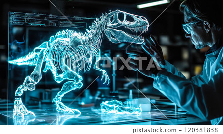 A scientist analyzes the hologram of a dinosaur skeleton. The concept emphasizes the use of advanced technology in paleontology and research. Generative AI. 120381838