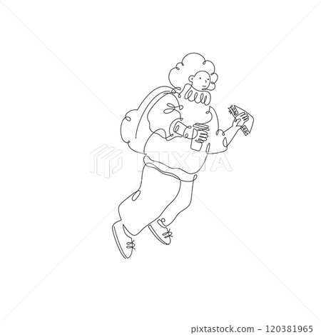Traveler character, woman with backpack and sandwich isolated on white background 120381965