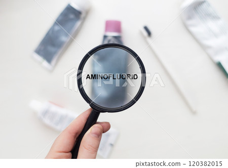 Aminofluorides in natural toothpaste. Magnifying glass is directed at a tube with a list of ingredients of a safe product. Safe toothpaste composition 120382015