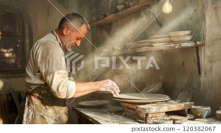 Man crafting pottery in dusty workshop, artistic expression concept Man crafting pottery in dusty workshop, artistic expression concept 120382067