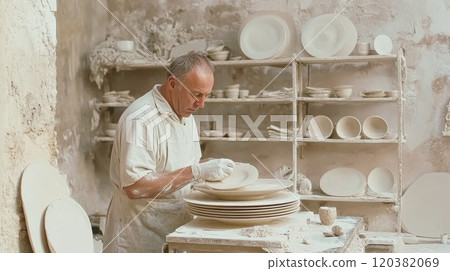Man crafting pottery in dusty workshop, artistic expression concept Man crafting pottery in dusty workshop, artistic expression concept 120382069