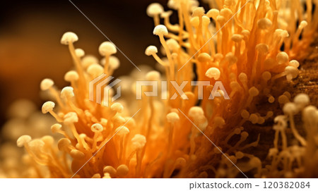 Natural fungus mycelium network texture closeup. Filaments of fungi microorganisms Natural fungus mycelium network texture closeup. Filaments of fungi microorganisms 120382084