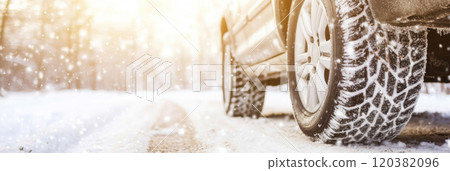 Close up of car tire on snowy road with sunlight, background 120382096