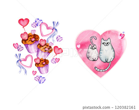 set of watercolor compositions of Love theme with cute cats on pink watercolor heart, hearts, sweets, lollipops, candies, muffins for Valentines Day decoration, postcard, design, fabrics, cards 120382161