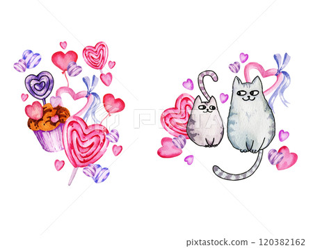 set of watercolor compositions of Valentines Day's theme with cute cats, different pink hearts, sweets, lollipops, candies, muffins and ribbons with bow, hand drawn illustration for party and event 120382162