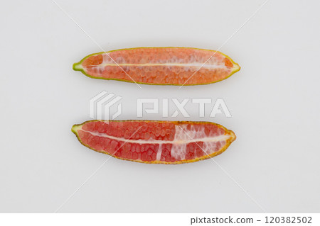 A vertical cross section of a finger lime, a rare citrus fruit native to Australia 120382502